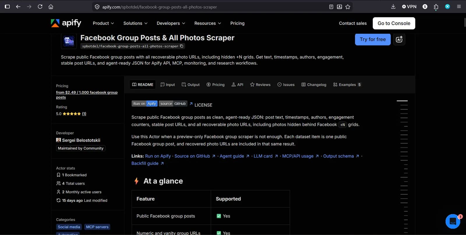 Страница Facebook Group Posts and All Photos Scraper на Apify